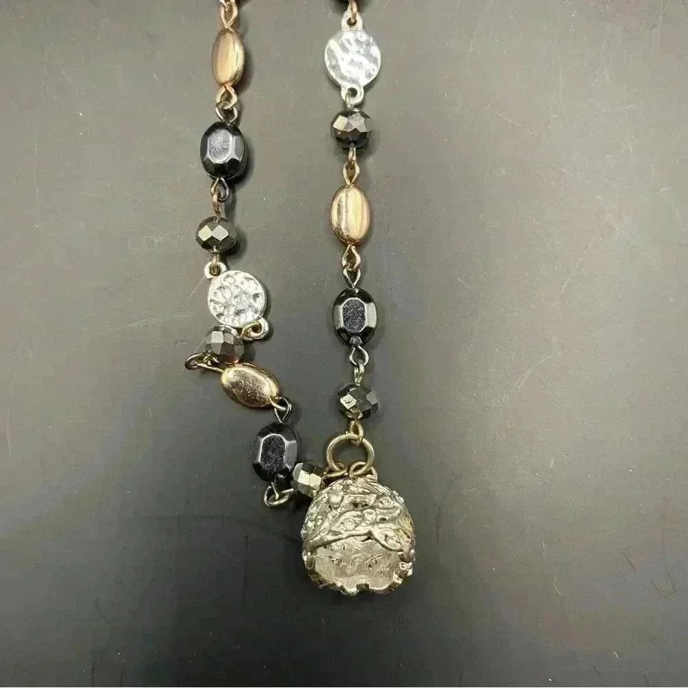 VGT Gold & Silver Black & Crystal Tones Beaded Necklace Silver-tone Bell Pendant - Picture 8 of 11
